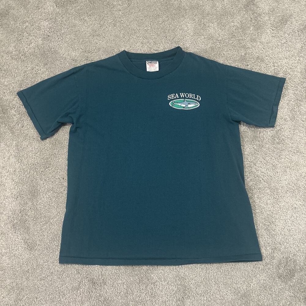 Vintage Sea World Shirt Mens Large Great White Sharks Single Stitch 90s Green